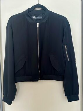 ZARA Black Women's Bomber Jacket with Zip Sleeve Pocket